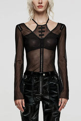 Black Long Sleeves Hollow Mesh Two-Piece Halter Womens Gothic T-Shirt